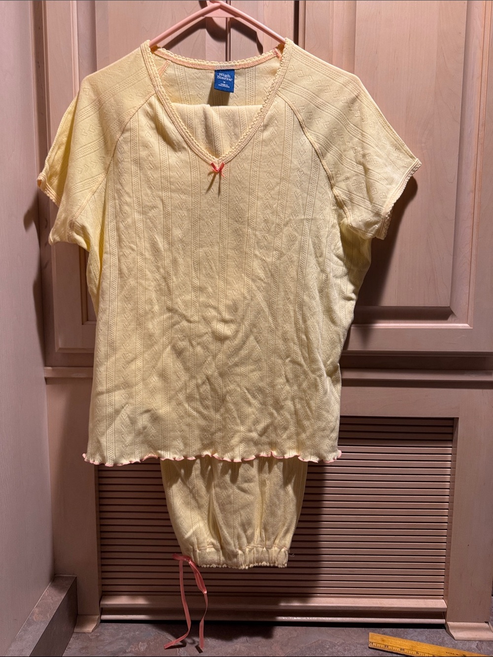 high Sierra Yellow Short Sleeve Knit Top and long pants Pajamas with Pink Trim